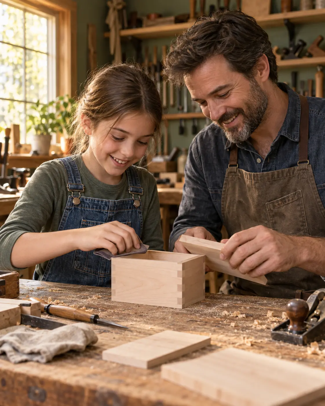 An adult and child sanding and fitting a maple keepsake box together